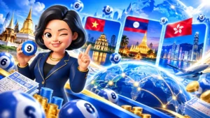 ภาพแนะนำหวยเจ๊ไฝ พร้อมตัวการ์ตูนหญิง ลูกบอลตัวเลข และฉากเวียดนาม ลาว และฮ่องกง