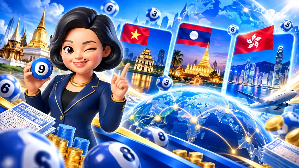 ภาพแนะนำหวยเจ๊ไฝ พร้อมตัวการ์ตูนหญิง ลูกบอลตัวเลข และฉากเวียดนาม ลาว และฮ่องกง