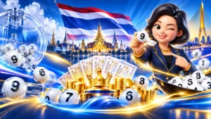 ภาพประกอบหวยรัฐบาลไทยกับหวยเจ๊ไฝ พร้อมธงชาติไทย สลาก และลูกบอลตัวเลข