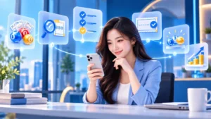 หญิงศึกษาการใช้งานหวยเจ๊ไฝผ่านมือถือ พร้อมไอคอนประเภทหวย การตรวจโพย และเช็กลิสต์พื้นฐาน